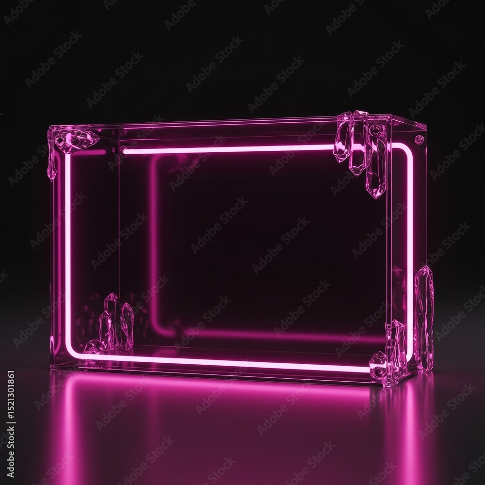 Poster abstract illuminated display box with vibrant magenta neon accents. transparent box with crystal-lik