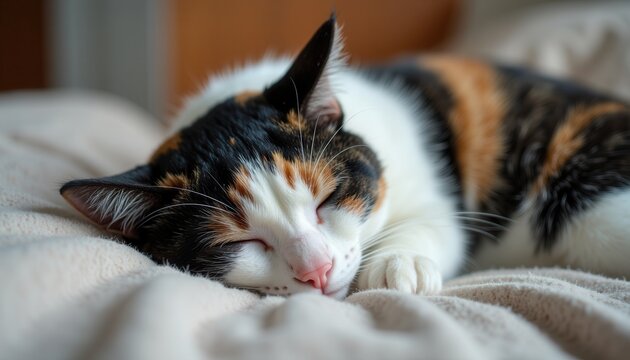 Calico cat peacefully sleeping on bed