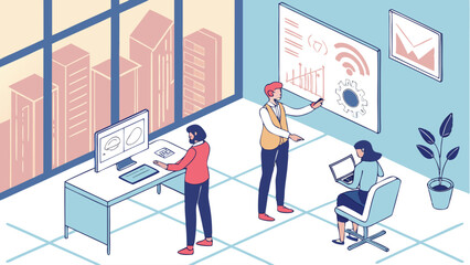 Isometric office scene with three people working on computers and presenting data on a whiteboard