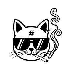 Cool Cat Cartoon Illustration Monochrome Feline with Sunglasses and Cigarette