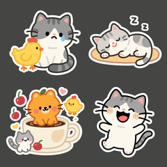 Cute Cat and Chick Cartoon Sticker Set
