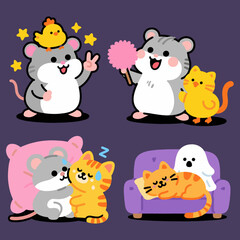 Cute Cartoon Hamster and Cat Character Set
