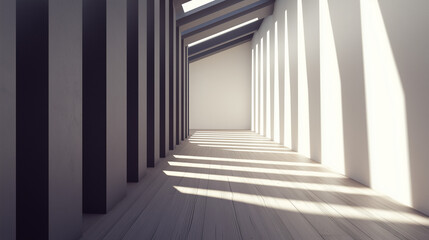 Fototapeta premium Modern living room with wooden floors and neutral walls, showcasing minimalist design and open space.