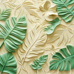 3D pattern of tropical plant leaves close-up in vanilla-green tones. Bas-relief. Template for a romantic, greeting card. Creative interior decor for an exhibition pavilion, presentation, advertising o