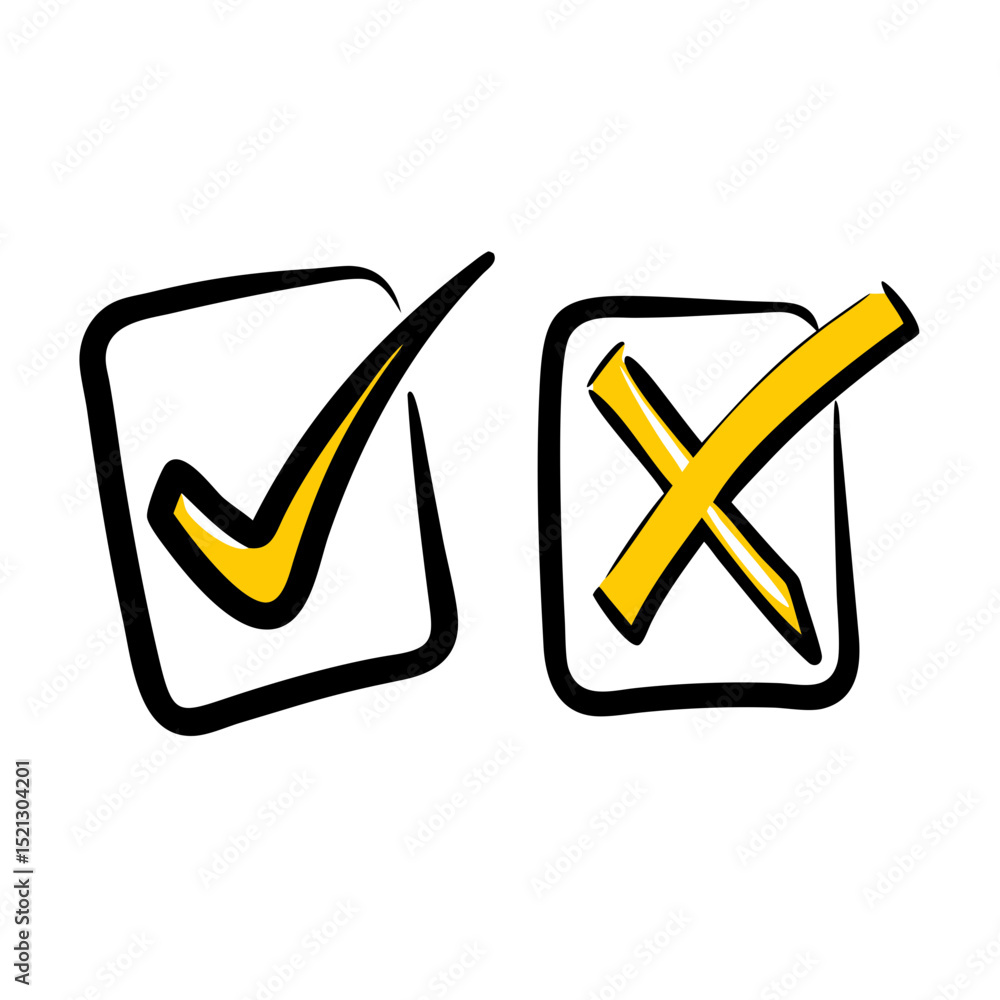 Poster hand drawn yellow check mark and cross mark on a black background depicting acceptance and rejection