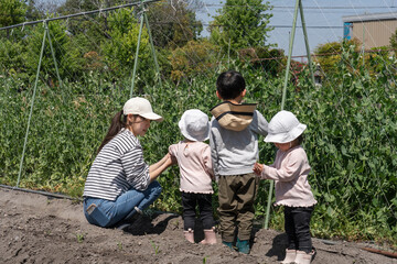 畑作業をする親子