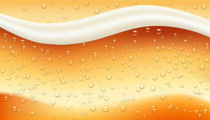 Lager, realistic background golden craft beer with foam and bubbles.