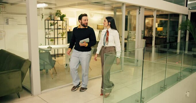 Office, tablet and business people at night walking for online proposal, project and website search. Creative agency, working late and man with woman on digital tech for report, meeting and teamwork