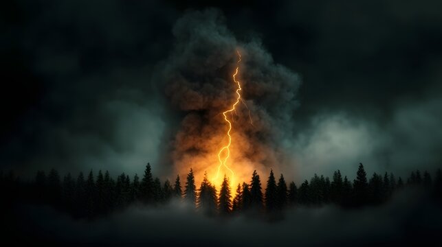 Raging wildfire consuming a dense forest under a turbulent night sky