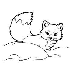 Arctic fox on snow mound coloring page, winter theme,