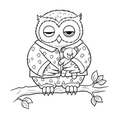 Fototapeta premium Owl in pajamas holding teddy bear coloring page, cozy theme