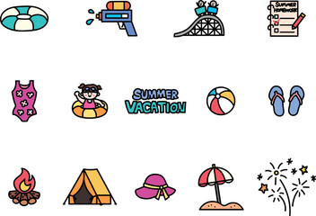 Cute summer vacation icon set featuring playful children’s items and activities. Includes hand-drawn elements like water guns, swimsuits, tents, and fireworks in bold colorful style.