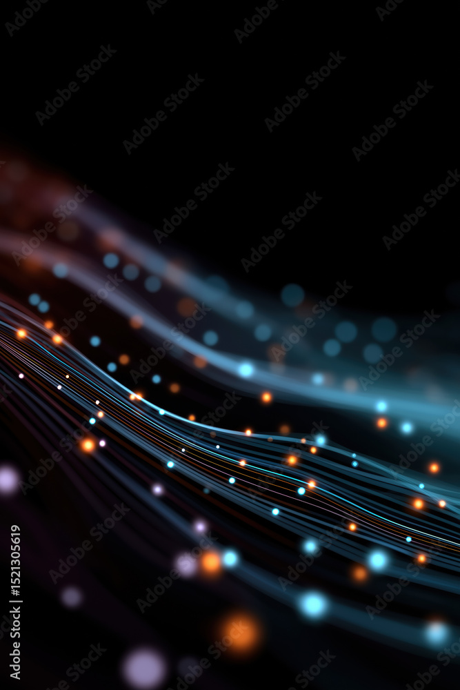 Poster a black and orange line with many small dots. the dots are of different colors and sizes. the image 