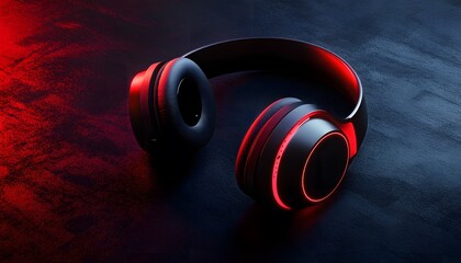 Modern headphones with red accent lighting on dark surface.
