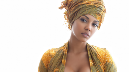 Afro caribbean woman wearing a traditional golden head wrap and matching outfit poses against a transparent background, creating a striking image of cultural elegance and beauty