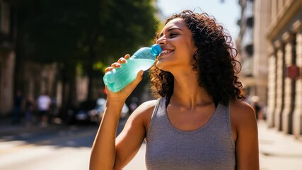 Young woman drinking water from bottle on city street during hot summer day. Hydration during heat. footage. - Powered by Adobe