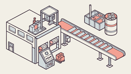 Isometric view of a factory setup with conveyor belt, control panel, and product processing area visible inside