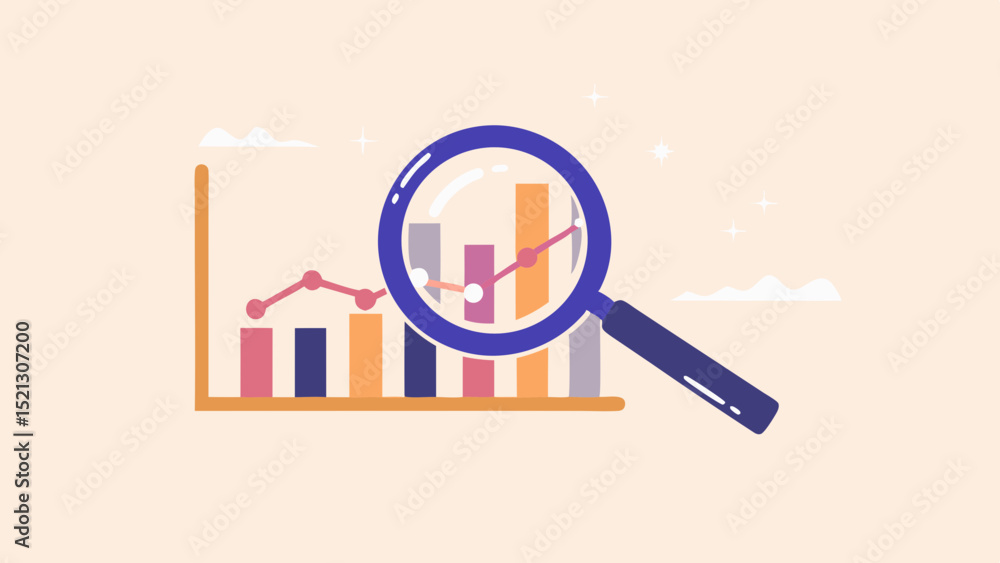 Aufkleber illustration of a bar graph with a line graph overlayed and a magnifying glass over the data set