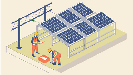 Workers installing solar panels under a crane structure on a platform in an isometric illustration