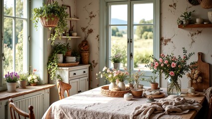 Cozy Rustic Kitchen with Floral Decor and Natural Light
