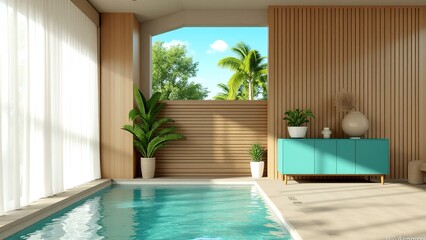 Fototapeta premium Modern Indoor Pool Area with Tropical Plants and Natural Light