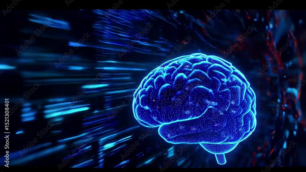 Poster s a blue brain on a black background with glowing lines radiating out from it. the brain is in the c