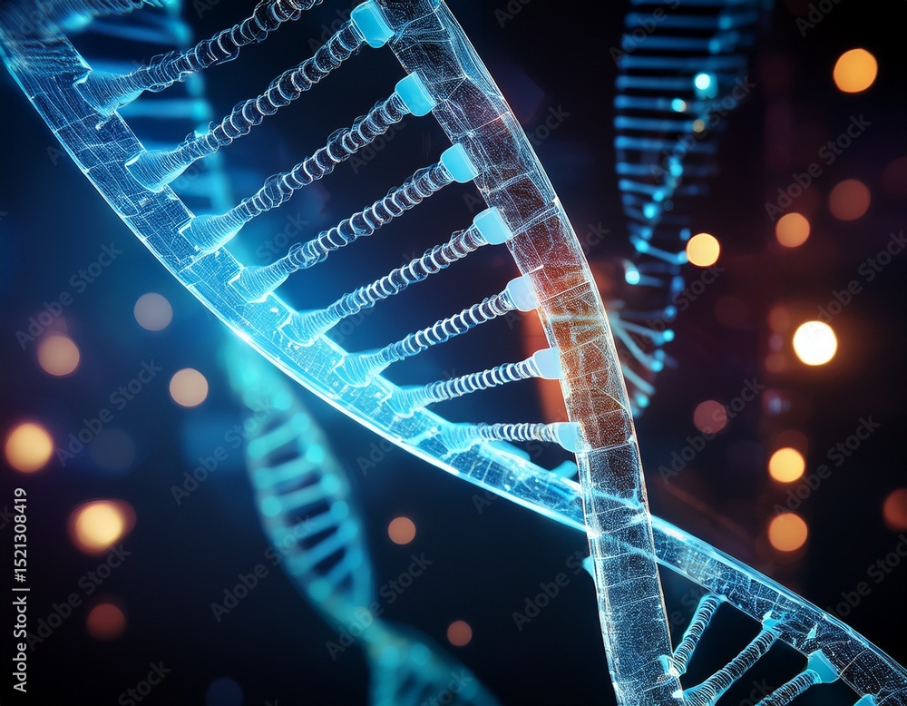 Poster a dna hologram on a dark background symbolizes science medicine and biotechnology digital dna strand