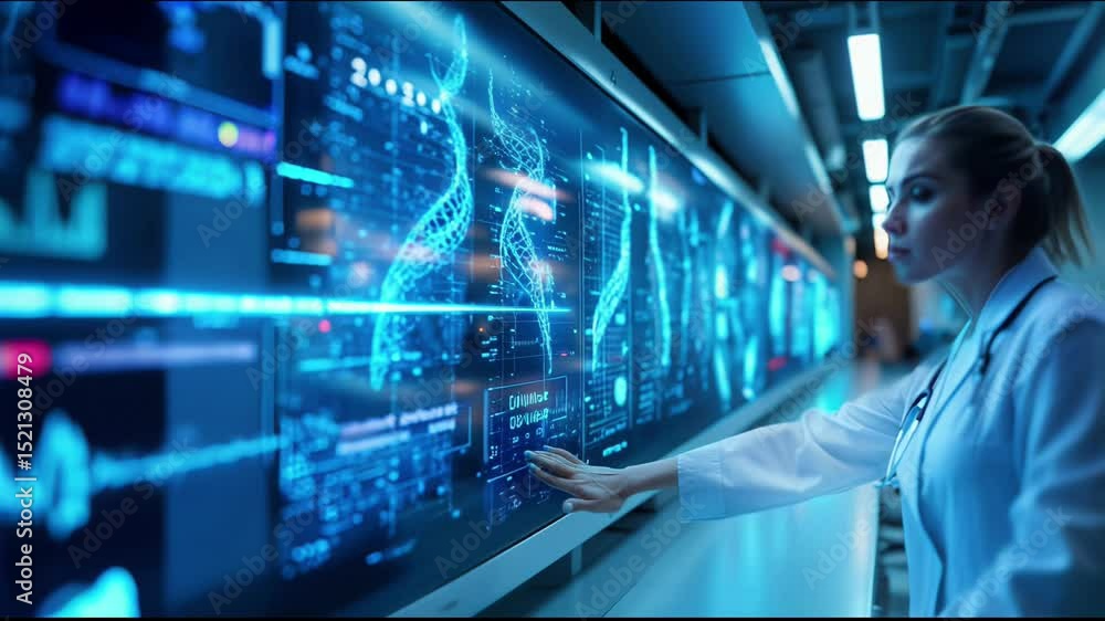 Poster s a woman in a white lab coat looking intently at a large screen with text and images on it