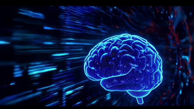 s a blue brain on a black background with glowing lines radiating out from it. The brain is in the center of the image