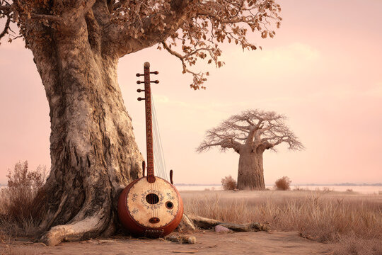 West African kora with ornate resonator resting against a large baobab tree in a dry savanna landscape under soft evening light &mdash; ai generative.