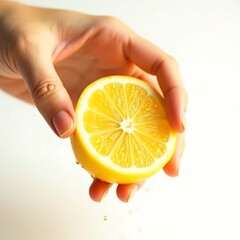 Holding Fresh Lemon Slice on Bright Background