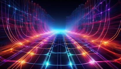 Obraz premium a dynamic 3d background depicting an intricate web of interconnected glowing threads each pulsating with vibrant neon hues the abstract and futuristic design conveys a sense of energy and digital