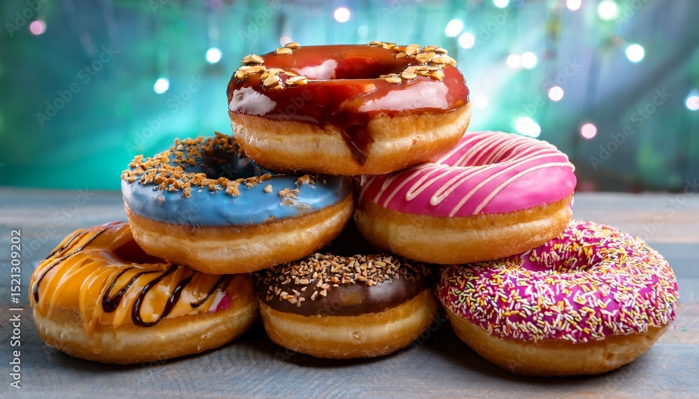Poster a visually appealing stack of donuts showcasing various toppings and vibrant colors likely for promo