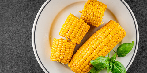Corn cob food boiled snack vegetable fresh tasty gourmet food background on the table rustic food top view copy space keto and paleo diet vegetarian and vegan food