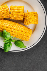 Corn cob food boiled snack vegetable fresh tasty gourmet food background on the table rustic food top view copy space keto and paleo diet vegetarian and vegan food