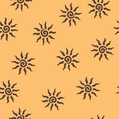Abstract summer background with hand drawn sun sign. Vintage vector seamless pattern. Retro repeat ornament wallpaper. Nostalgic colored fashion allover print