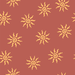 Abstract summer background with hand drawn sun sign. Vintage vector seamless pattern. Retro repeat ornament wallpaper. Nostalgic colored fashion allover print