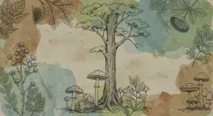 Vintage nature collage with hand-drawn forest elements layered over abstract watercolor textures for an organic retro aesthetic