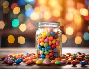 a glass jar filled with colorful candy sits on a table surrounded by scattered pieces the background features a blurred warm ambiance