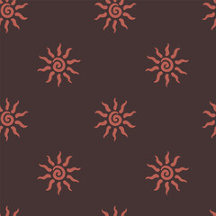 Abstract summer background with hand drawn sun sign. Vintage vector seamless pattern. Retro repeat ornament wallpaper. Nostalgic colored fashion allover print