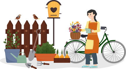 Garden tools. Pots with plants near the fence. Birds and a birdhouse. Gardening in spring. Garden improvement. Girl with a bicycle. Basket with wild flowers. Vector illustration