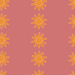 Abstract summer background with hand drawn sun sign. Vintage vector seamless pattern. Retro repeat ornament wallpaper. Nostalgic colored fashion allover print