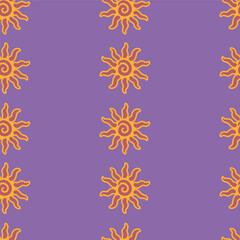 Abstract summer background with hand drawn sun sign. Vintage vector seamless pattern. Retro repeat ornament wallpaper. Nostalgic colored fashion allover print