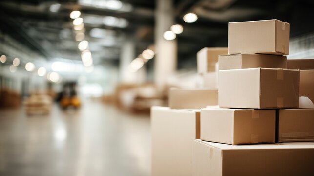 Neatly stacked cardboard boxes in a warehouse, symbolizing order and efficient logistics.