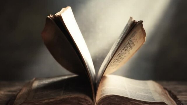 An old book open with light shining above and pages turning in slow motion representing knowledge