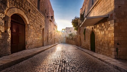 Fototapeta premium an empty street in the city of jerusalem in the early morning sunlight eliminates the street and lights up the cobblestones biblical city real photo