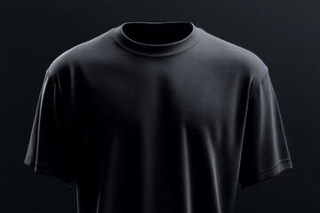 A black shirt with a white collar and a black band around the neck. The shirt is hanging on a dark background