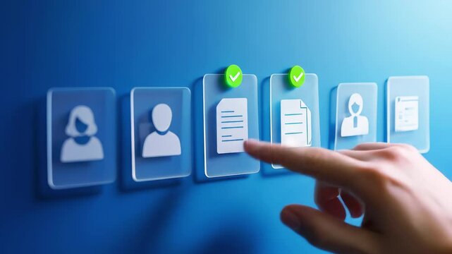 HR manager uses a recruitment technology system to select employee documents. Human resources and data management concept. 4K video animation. 