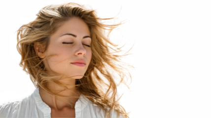 Blonde woman wearing a white beach outfit enjoys the breeze with her eyes closed and hair flowing freely, isolated on a transparent background, perfect for fashion and lifestyle projects