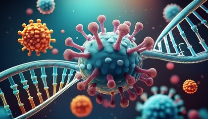3d virus cells attacking a dna strand